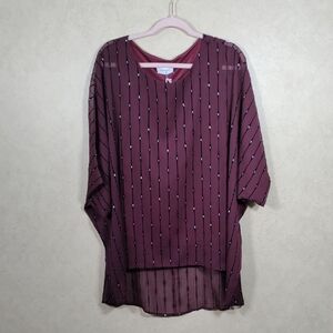 01160 Adrienne maroon layered high low striped poncho blouse & tank L NWT